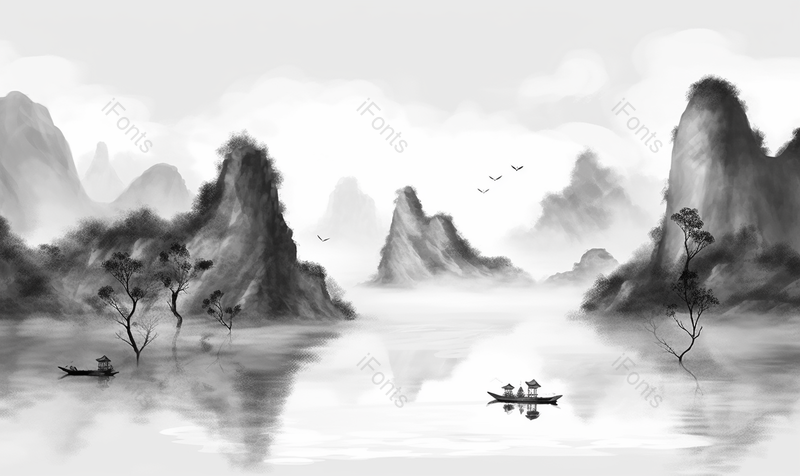 中国风水墨中国画地形插图渔船飞鸟,插画/手绘图,插画/手绘图库,插画/手绘图下载,插画/手绘